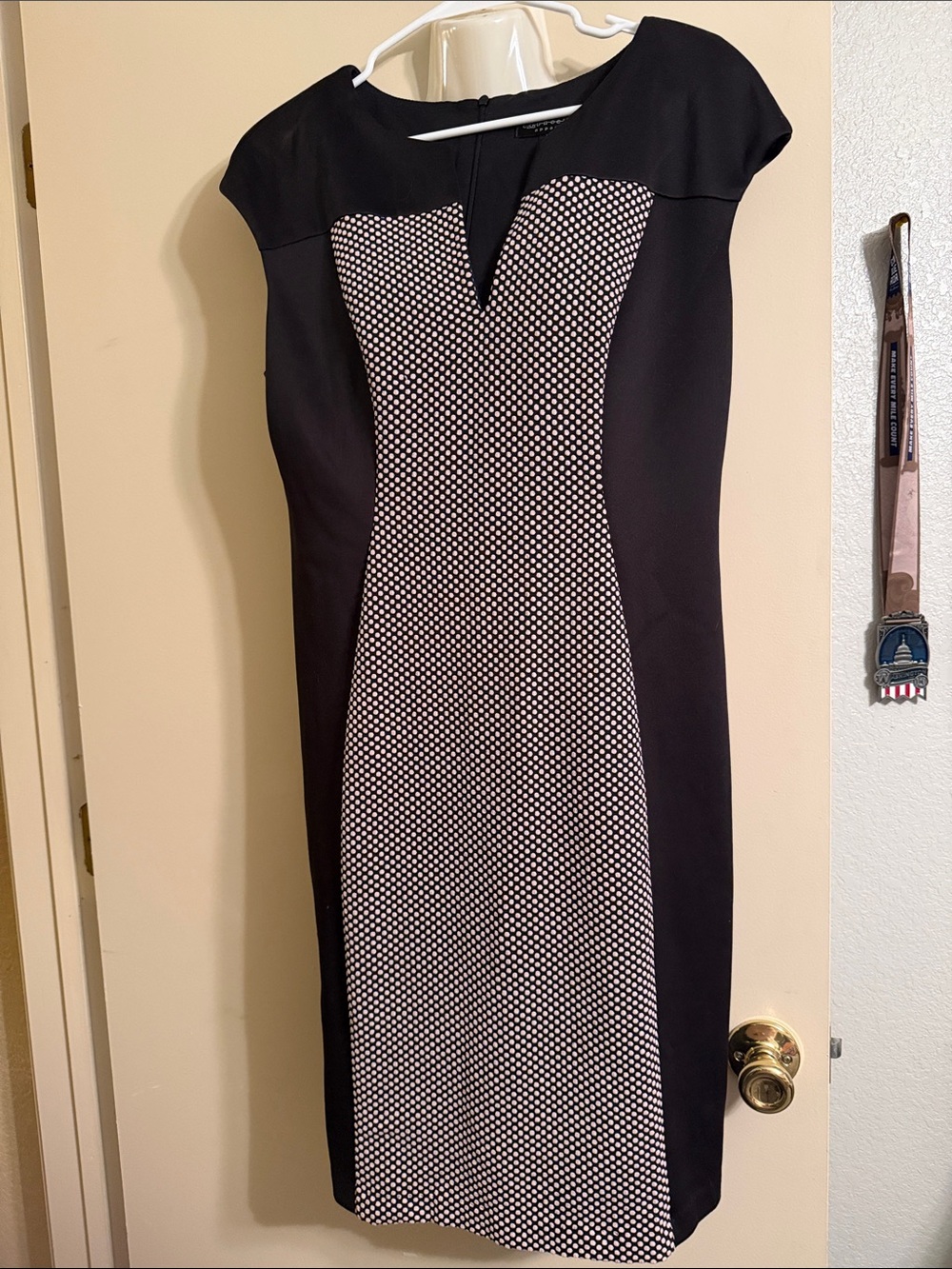 connected apparel Black Sheath Dress with White Polka-Panel